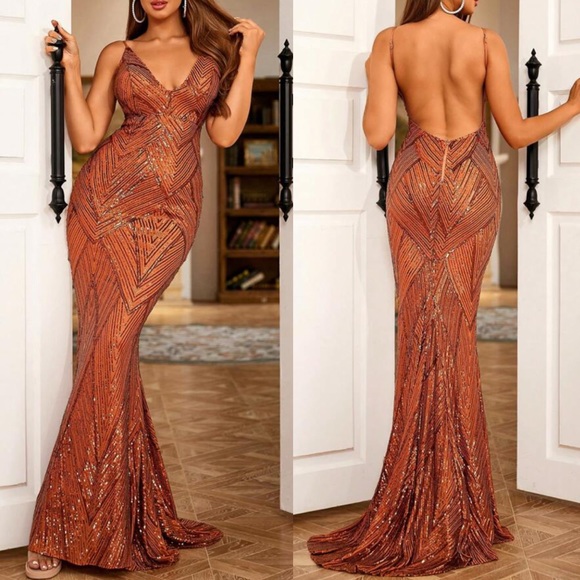 Luxe mermaid hem backless party formal evening sequins gown dress burnt orange - Picture 1 of 7